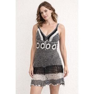 Hand Knit Crochet Mini Dress Tunic Black White S/M Stretchy